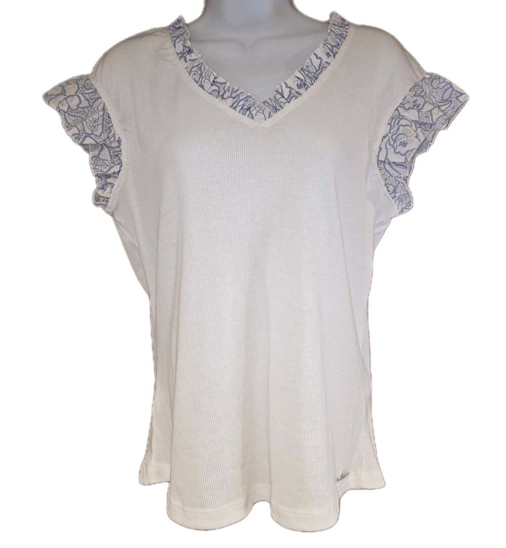 Nwt Badgley Mischka White Ruffle Vneck Henley Sleeveless Top Sz M